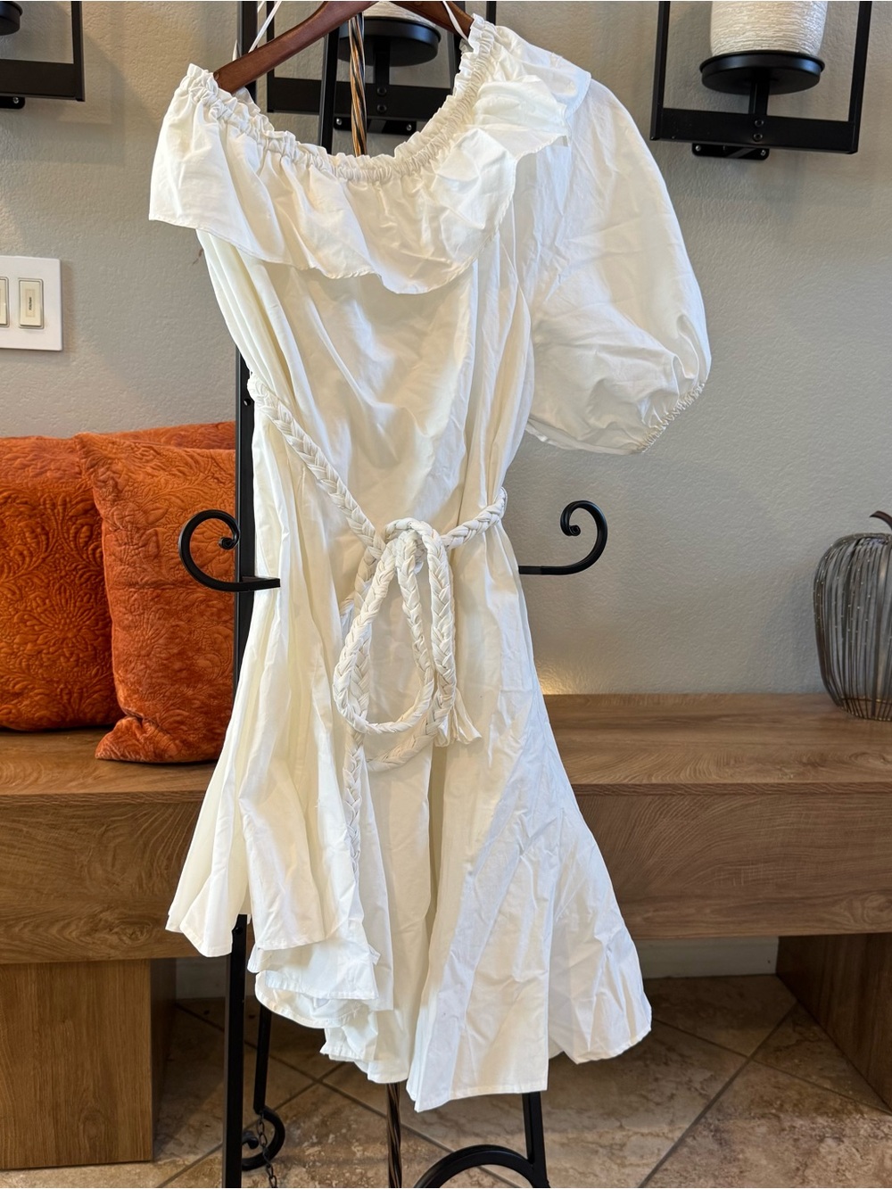 RHODE White Off-Shoulder Ruffle Dress with Braided Waist Tie